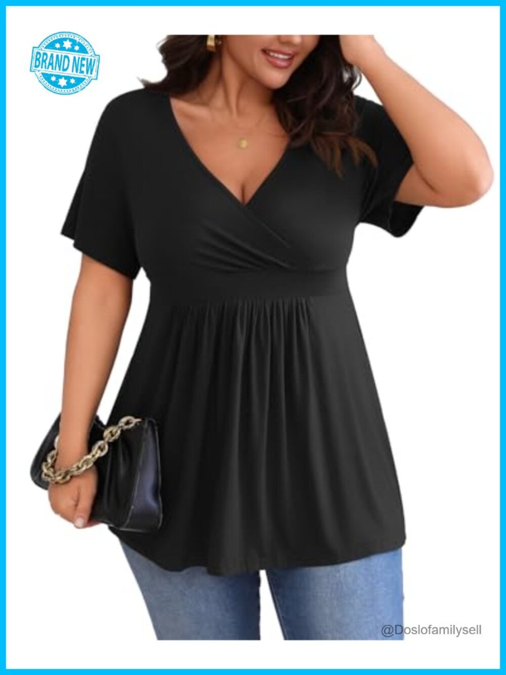 Plus Size Tunic Top Short Sleeve V-Neck Wrap Empire Waist Flowy Casual